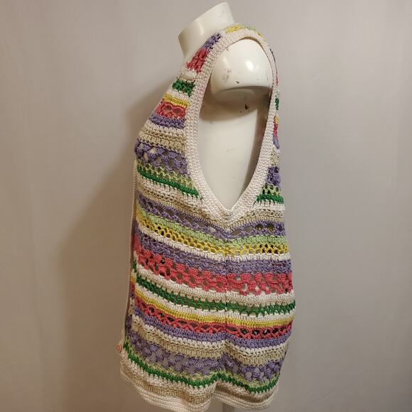 VTG Koret Francisca Petites Crocheted Vest Granny Chic Colorful Stripes Rainbow - Picture 2 of 11